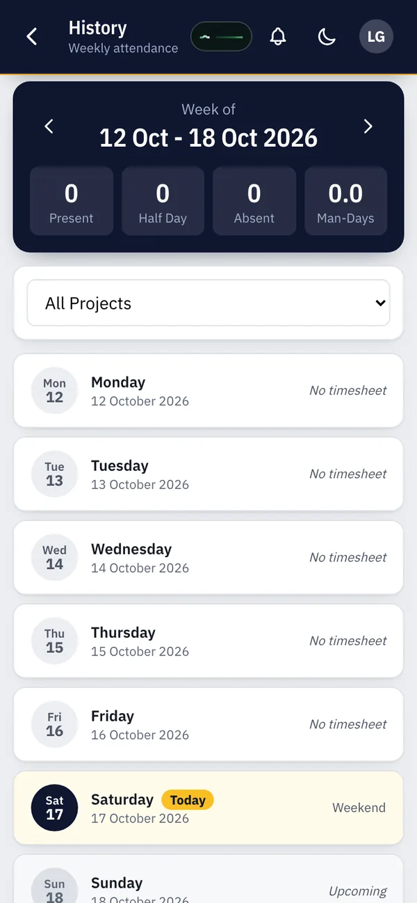 Timesheet history: the week of 12 to 18 October 2026, day by day