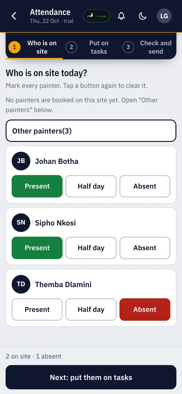 Attendance register on trial: who is on site today, with Present, Half day and Absent buttons for each painter