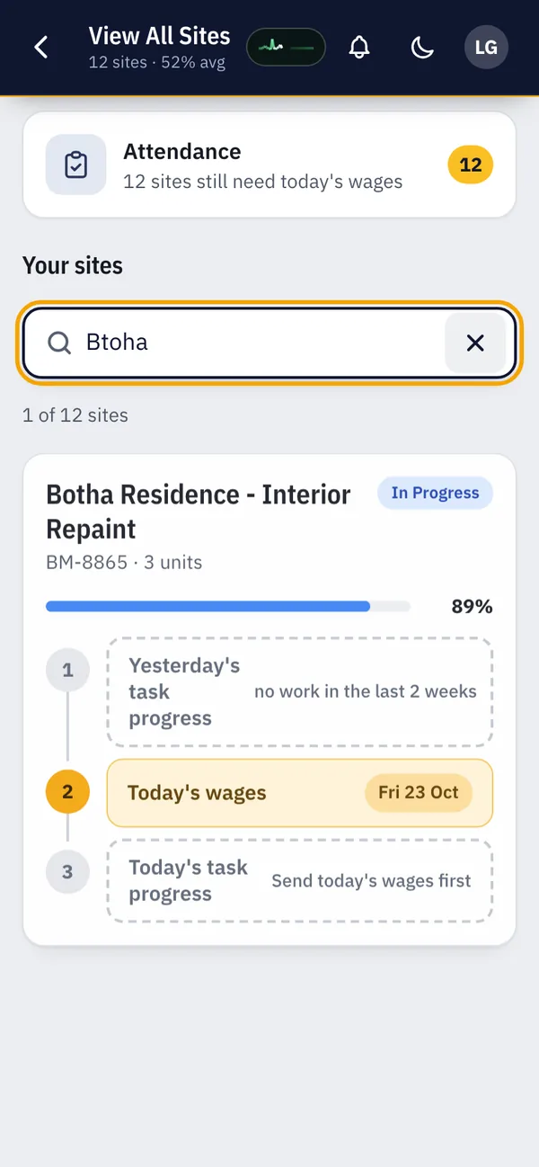 View All Sites search: typing Btoha still finds Botha Residence