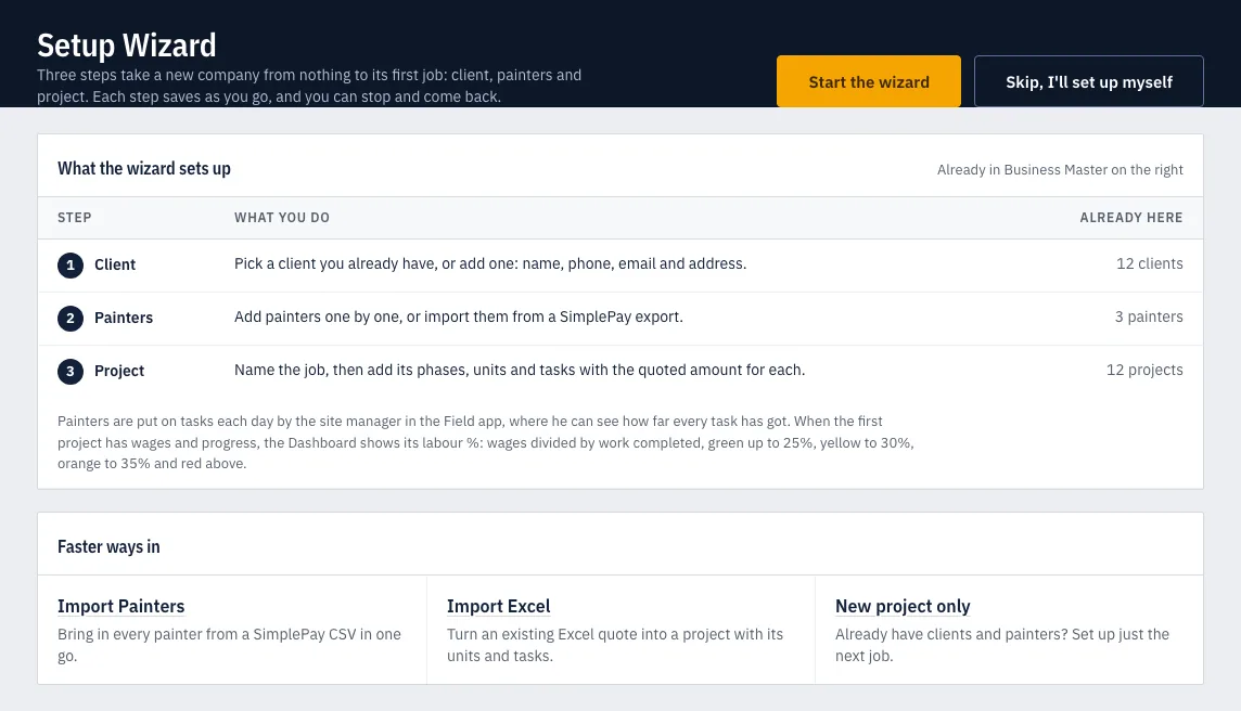 Setup Wizard: three steps, client, painters and project, with faster ways in through Import Painters and Import Excel
